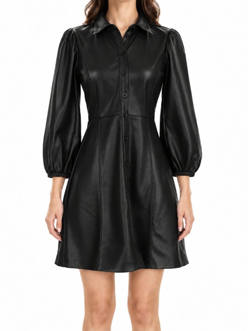 GAP Women's Black Faux Leather Button-Front Puff Sleeve Shirt Dress, XS
